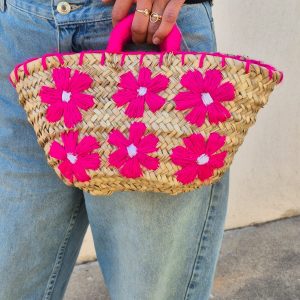 Panier fleurs rose - doum naturel