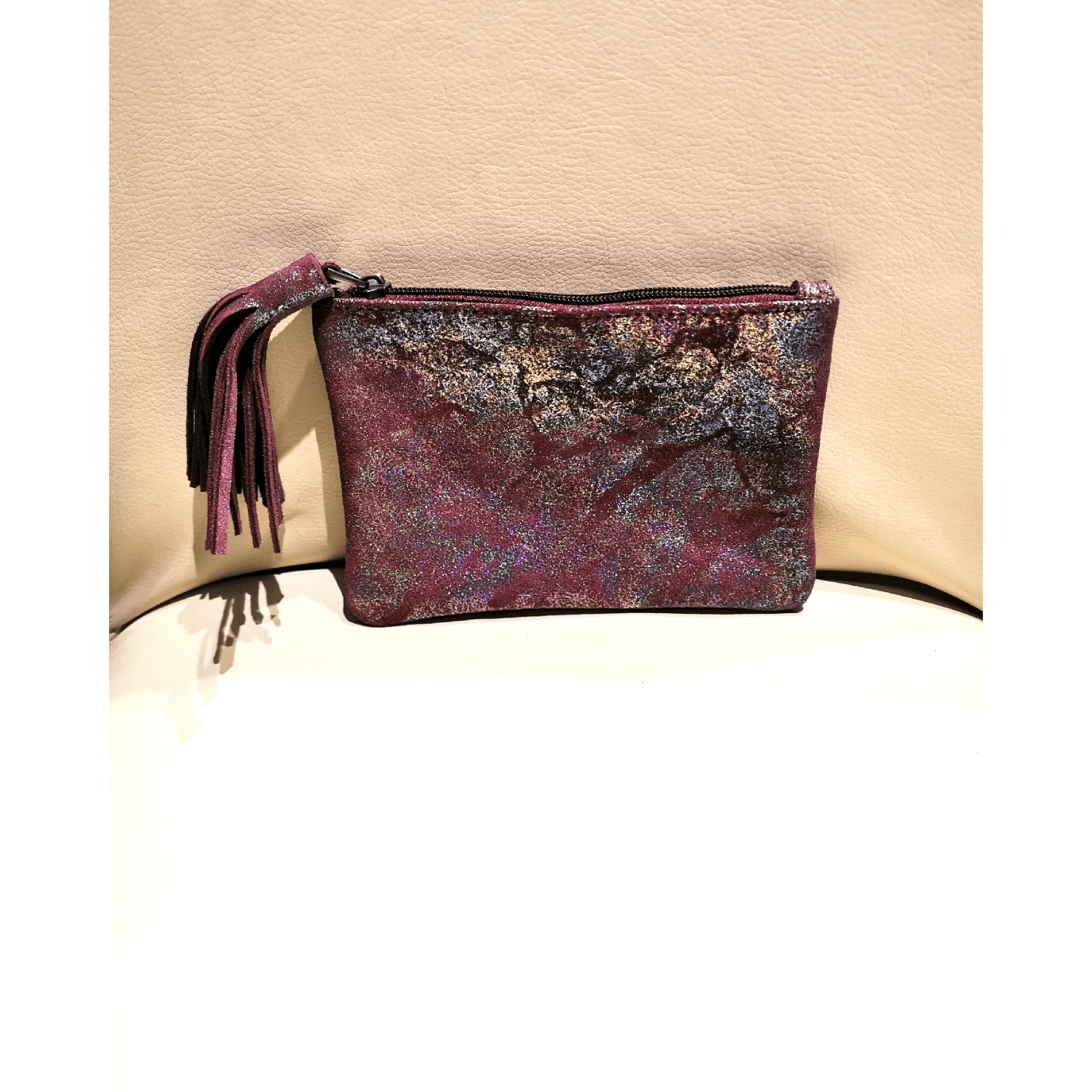 Porte-monnaie artisanale - daim (aubergine pailleté)