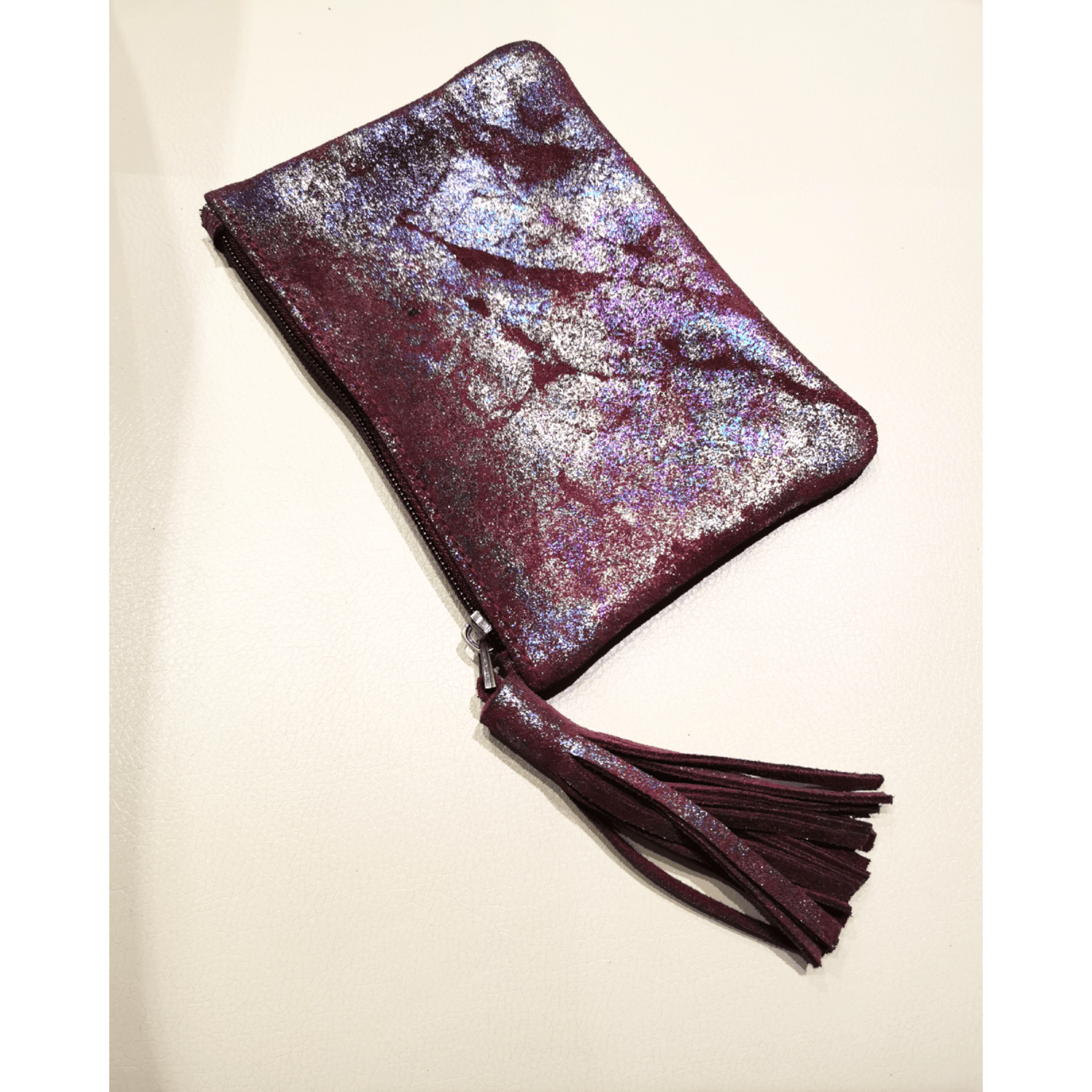 Porte-monnaie artisanale - daim (aubergine pailleté) – Image 3