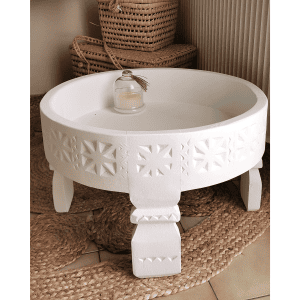 Table basse ronde berbère- bois sculpté blanc