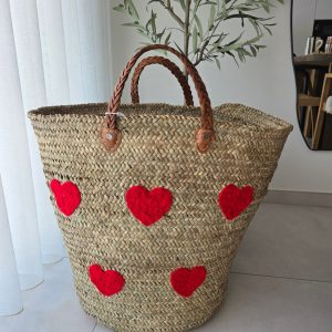 Panier en doum cœurs brodés (taille L)