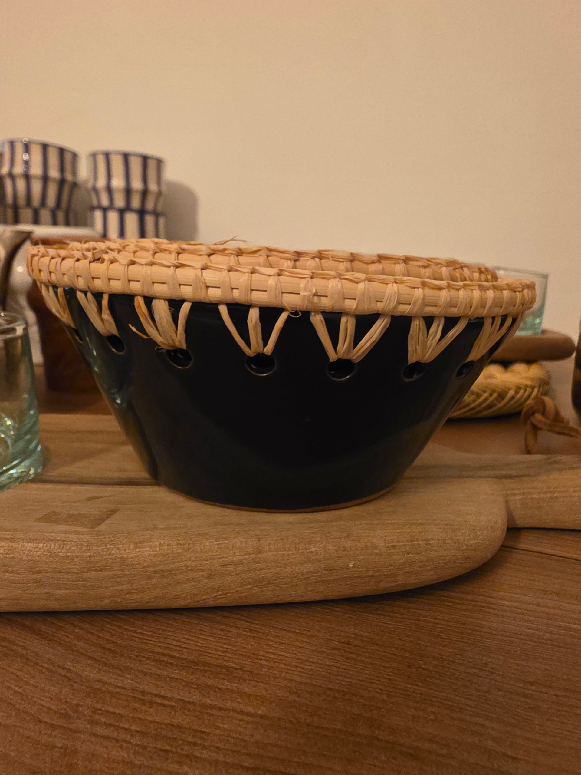 Lot de 3 bols - céramique & raphia (noir)