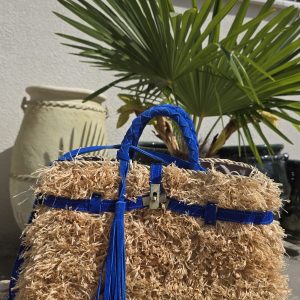 Sac cabas en raphia & cuir Bleu Majorelle
